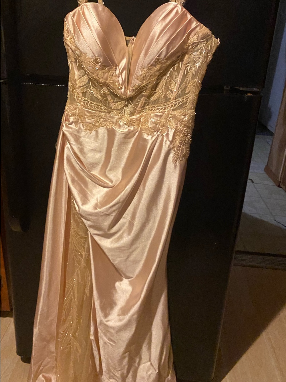 Rose Gold Satin Prom Gown with Lace Appliqué Bodice